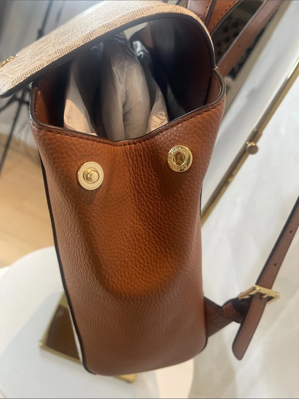 Michael Kors White & Brown MK Signature Satchel